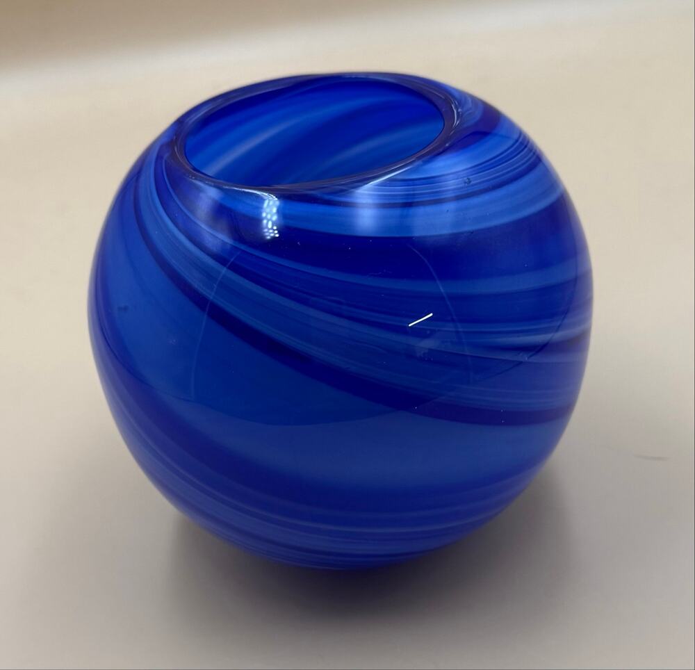 Hand Blown Cobalt Blue Swirl Art Glass Orb Vase Round Studio Glass 5.5”